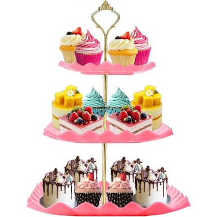 Dessert Cupcake Stativ, 3-lags Cup Cake Holder Tårn til Teselskab/Fødselsdag/Bryllup, Plastik Etage Serveringsbakke med Metalstang, Pink