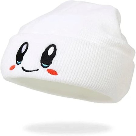 Håndlavet - Kirby Beanie Voksenstørrelse Anime Hat Tilbehør Kawaii, med pænt broderet mønster, Medium White