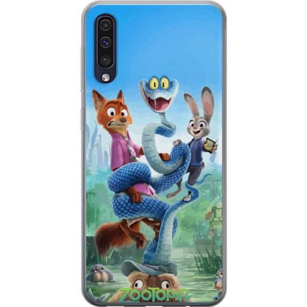 Kompatibel Mobilcover til Samsung Samsung Galaxy A50 Zootopia-inspireret animeret plakat med ræv kanin og slange farverigt eventyr humor og familieve