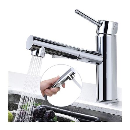 120° svängbar köksblandare med utdragbar pip, 2 munstycken att välja mellan.