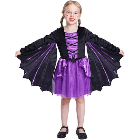 Flickors fladdermuskläder Halloween-häxa Deluxe vingar rollspel för barn, karneval 3-10 år 3-4 ans