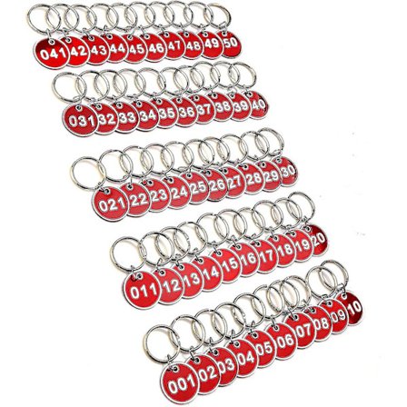 1-50 Nøkkelring med tall, nummererte merkelapper for skap, gym, nøkkelringer, graverte tall med nøkkelringer, aluminiumsmerker med tall 1-50 Rød