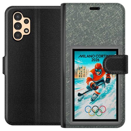 Yhteensopiva Lompakkokotelo Samsung Galaxy A13 Curlingkuvitus pelaajilla ja kivillä jäällä, Milano Cortina 2026, lumisia roiskeita ja olympiasormukset
