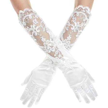 Lange blonde hansker, lange brudehansker med blomstermønster i blonde for kvinner, te-selskap, 1920-talls kostymer, maskerade (hvit, 45 cm)