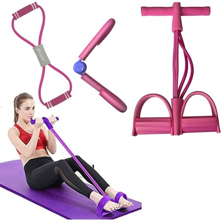 Pedalsett for Trening, 4-Rørs Elastisk Sit-Up-Bånd med Anti-Skli Håndtak & 8-Formet Rør Treningsbånd & Lår-Master Treningsapparat for Singel Bruk