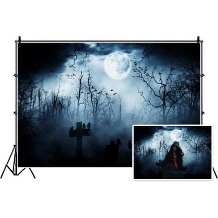 7x5 ft Måne Natt Halloween Kyrkogård Bakgrund Flygande fladdermöss Fåglar Stå på gravsten Kors Kyrkogård Människor Inga människor Plats