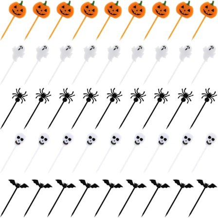 100 stk. cupcake-dekorationer i plast - græskar, spøgelser, flagermus, kranier og edderkopper