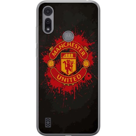 Kompatibelt Mobildeksel til Motorola Motorola Moto E6i Manchester United logo i rød og gul farge med røff sportslig bakgrunn