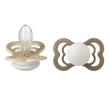 BIBS Pacifier Supreme Vanilla Glow/Dark Oak Glow 2-Pak Silicone Size 2, Børn & Forældre, Sutter, Silikonesutter