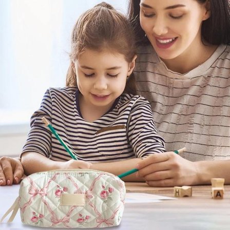 ING Rosa Penalhus med Blomstertrykk for Penner Sminke og Hobbymateriell Oppbevaringsveske med Flere Rom for Skole og for Studenter Lærere og
