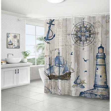 /EA/1 st duschdraperi Nautisk fyr segelbåt kompass ankare Ba