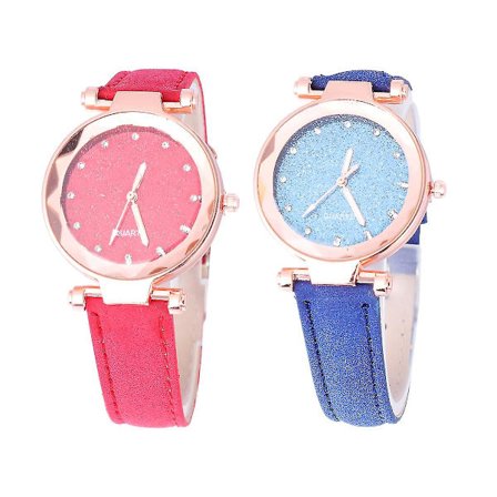 2 stk. Stjernehimmel-designet Kvinder Ur Mode Kvarts Ur Glimtende Armbåndsur (Rød og Blå)