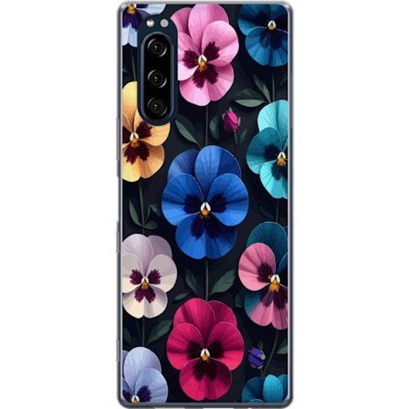 Kompatibelt Mobildeksel til Sony Xperia 5 Dekorativt blomstermønster med fargerike pensélignende blomster og mørk elegant bakgrunn