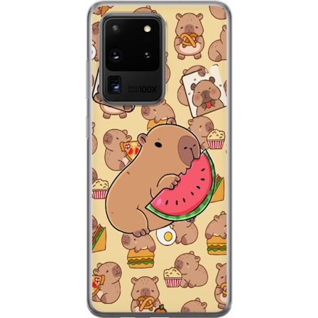 Kompatibelt Mobilskal till Samsung Samsung Galaxy S20 Ultra Söt capybaror njuter av vattenmelon pizza och popcorn i en varm och lekfull design som sp