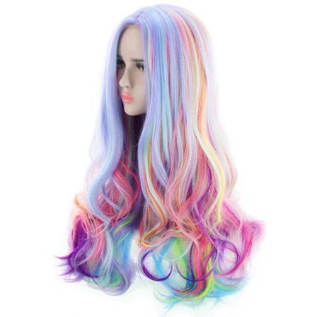 Full Long Curly Wavy Rainbow Hair Wig för Musikfestival, Tema P