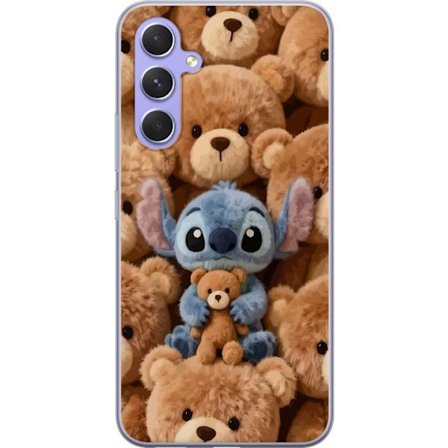 Kompatibel Mobilcover til Samsung Galaxy A54 Stitch omgivet af brune teddybjørne med en lille teddybjørn i armene i en sød og hyggelig kawaii-design
