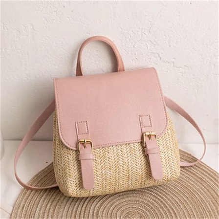 Fashionabla fritidsväskor i halm för kvinnor Mini Retro Weave Damhandväska Nischdesignerväska High End Liten ryggsäck Vävd rotting~07375