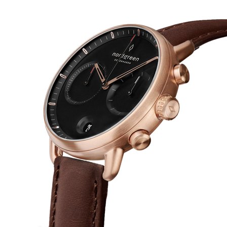 Nordgreen Men's Minimalistist Large Wrist Watch Watch - Rose Gold Case - Black Dial - Dark Brown Leather Watch Strap Pioneer White Dial Chronograph