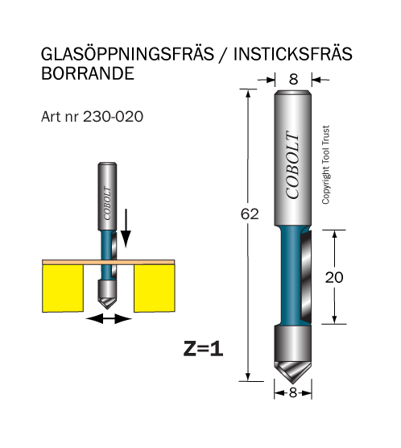 Cobolt 230-020 Instikskærer D=8 L=20 TL=63 Z=1 S=8, Maskintilbehør & forbrugsvarer