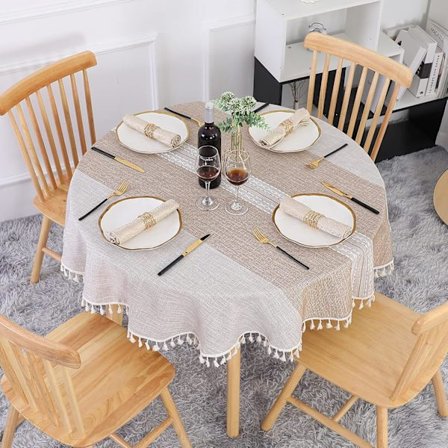 XJ Rund Bordsduk 140cm Khaki Tvättbar Linne och Bomull Bordsduk Fläckresistent med Tofs, Randigt Broderi För Födelsedag, Bröllop, Kaffebord