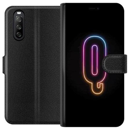 Kompatibel Tegnebogsetui til Sony Sony Xperia 10 III Minimalistisk neonbogstav Q i lyse farver mod mørk baggrund