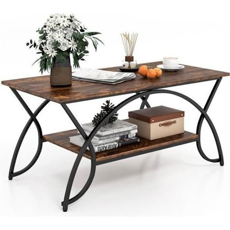 COSTWAY soffbord i industriell stil med 2 nivåer 100x50x45 CM, vardagsrumsbord med metallram, justerbara fotkuddar
