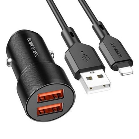 BOROFONE Billaddare - BZ19 12W 2 x USB + kabel med Iphone kabel svart