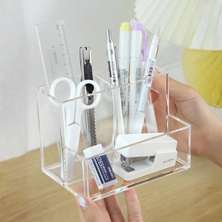 Pennholder med tre rom, enkel og stilig multifunksjonell gjennomsiktig akryloppbevaringsboks.