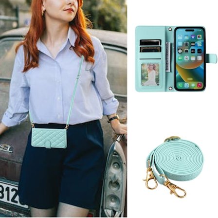 Fodral för iPhone 16PRO Mintgrön [med kort rep + crossbody-rep] ins Flip Plånbok med Korthållare Crossbody-rem