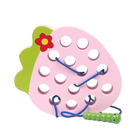 Tretre leketøy i tre med snøring, puslespill i tre, reisespill (jordbær)