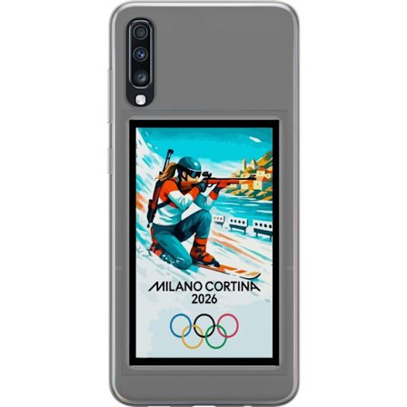 Kompatibelt Mobildeksel til Samsung Galaxy A70 Retroplakat Cortina Milano 2026 med fjell, vintersportsutøvere, italienske trikolor, Milano-katedralen