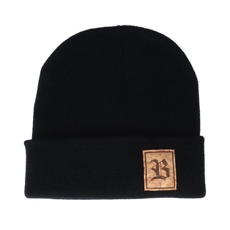 Bearded Man - Black cuff Beanie - Old English B Patch Black Beanie @ Hatstore