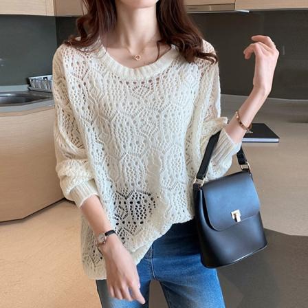 Kvinder Strik Efterår Vinter Sweater Udhult Løs ydre solbeskyttelsestøj Langærmet Beige 63*105*53cm