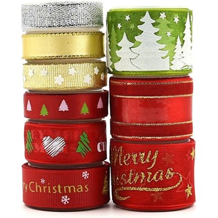 Julebånd 9 gavebånd rød/sølv/guld/grøn Grosgrain