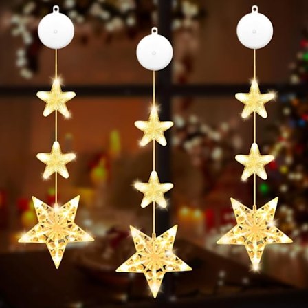 LED Julebelysning til vinduer, 3 stykker, LED vinduesdekoration, Jul med sugekopper, LED-stjerner, Julebelysning til juledekoration,