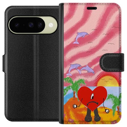 Kompatibel Tegnebogsetui til Google Pixel 10 Bad Bunny i en farverig quiltet jakke med hjertemønster og solbriller i moderne gade stil