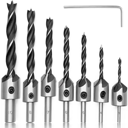 7 stk. træbor med forsænker, HSS-stål konisk træforsænker med unbrakonøgle, træaffasningsværktøj, HSS 5-fløjet tømrerforsænker hjertebor, 3 4 5 6 7 8 