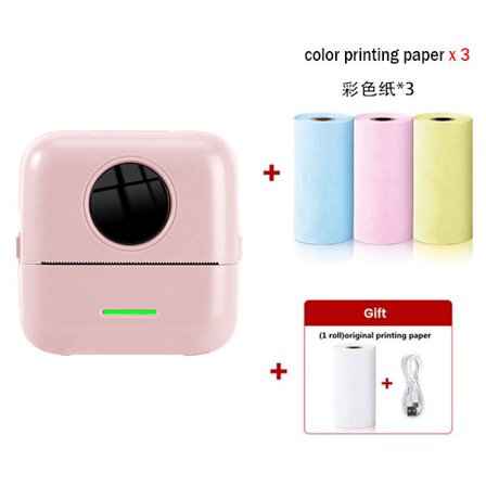 Bärbar Termisk Skrivare Mini Bläckfri Skrivare med 3 rullar Färgtryckspapper för Studier, Foton, rosa