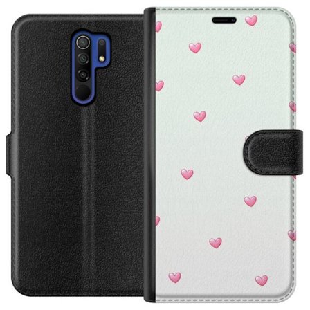 Yhteensopiva Lompakkokotelo Xiaomi Xiaomi Redmi 9 Minimalistinen kuvio vaaleanpunaisilla sydämillä vaalealla taustalla, suloinen ja yksinkertainen m