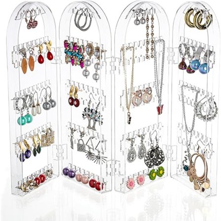 Foldbar Smykkeorganisator i Akryl – Opbevarer 120 Par Øreringe – 5 Lag og 4 Paneler med Opbevaring til Øreringe, Armbånd