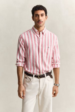 GANT Herren Gestreiftes Hemd aus Leinenmix (S) Rosa