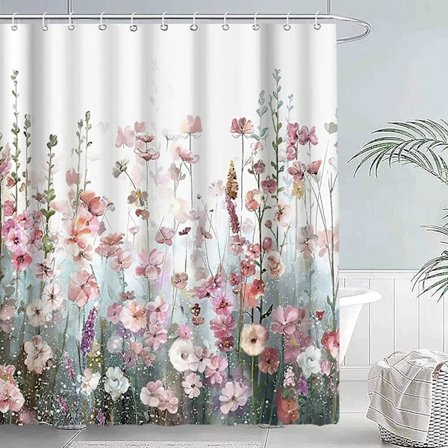 Mögelresistent duschdraperi tyg duschdraperi 180x180cm, vattentät tvättbar polyester badkar bad gardin med krokar, blom buske mönster