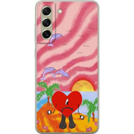 Kompatibelt Mobildeksel til Samsung Galaxy S21 FE 5G Bad Bunny i en fargerik quiltet jakke med hjertemønster og solbriller i moderne gatestil