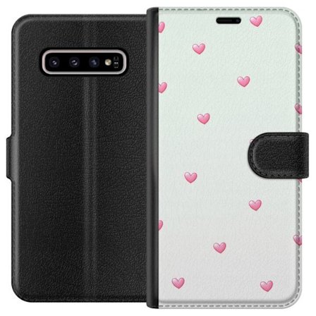 Kompatibel Tegnebogsetui til Samsung Samsung Galaxy S10+ Minimalistisk mønster med lyserøde hjerter på en lysegrå baggrund, sødt og enkelt design
