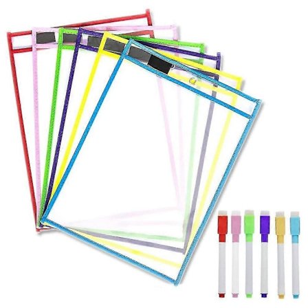 Gjenbrukbare lommer for whiteboard, 6-pakning gjenbrukbare whiteboard-lommer, fargearkbeskytter, whiteboard Po