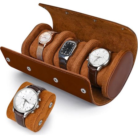 Klokkeboks for menn og kvinner med 3 spor, PU-skinn klokkeboks, klokkeboks for menn med avtakbar klokkepute, mørkebrun