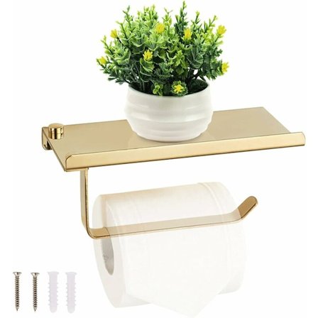 Toiletpapirholder med rummelig hylde vægmonteret - Guld Toiletpapirholder i rustfrit stål til køkken og badeværelse