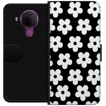 Yhteensopiva Lompakkokotelo Nokia Nokia 5.4 Mustavalkoinen kukkakuvio minimalistisessa skandinaavisessa muotoilussa, jossa voimakas kontrasti ja ajato