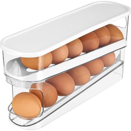 Ægge Dispenser - 2-lags Automatisk Rullende - Æggeopbevaringsboks - Pladsbesparende Boks - Køleskabs- og Køkkenorganisator Skuffe - Plastikholder