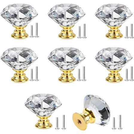 8 stk. 25 mm krystal knopper skuffehåndtag med 2 skruestørrelser, skabsknop skuffeknopper skabsknopper (gylden base)